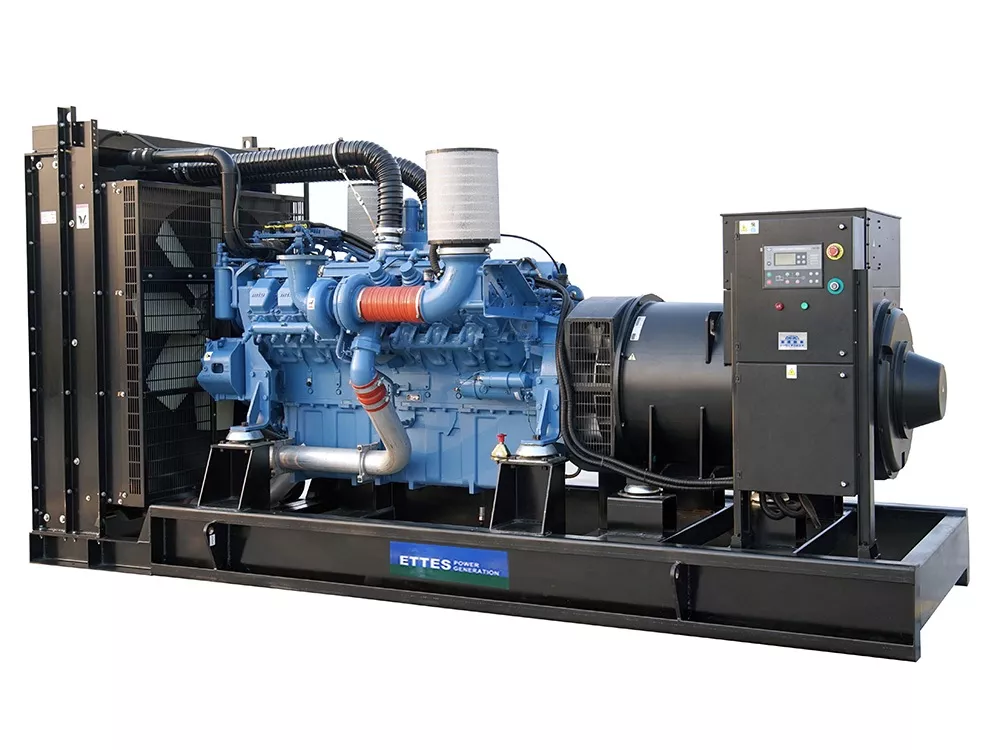 400 kVA open-frame diesel generator set on a steel skid base, radiator at one end and control panel at the other