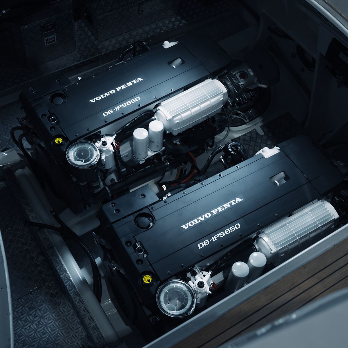 Twin Volvo Penta D6-IPS650 diesel engines installed side by side in a boat&rsquo;s engine compartment